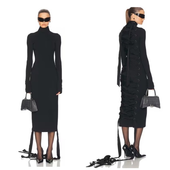 Balenciaga Black Backless Lace-Up Long Sleeve Bodycon Midi Dress FR36 US4 NWOT - Picture 3 of 16